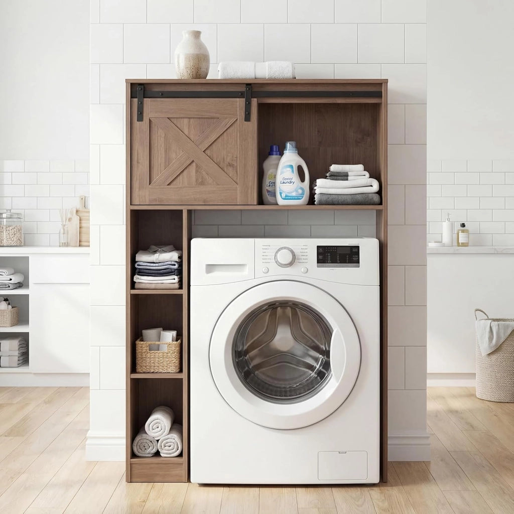 Mobile Salva Spazio Sopra WC, Organizzatore del Bagno in Legno con Porta e 3 Ripiani di Stoccaggio, per Bagno Lavanderia, 84x17x128 cm (Marrone Scuro)