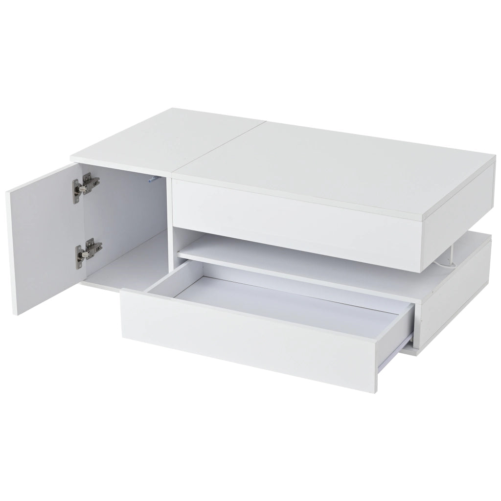 OKWISH Tavolino da Salotto Alzabile con 1 Cassetto e 1 Anta, LED e Vano Nascosto, per Soggiorno, 95 x 50 x 34.5 cm, Bianco