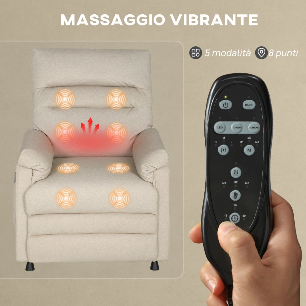 Poltrona Reclinabile con Riscaldamento, 8 Punti Massaggio e 5 Modalità 82x99x106 cm in Tessuto Effetto Velluto Beige