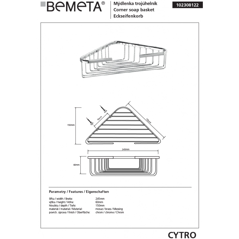 CYTRO Portasapone Corner Grill in ottone cromato 24,5x15x6 cm