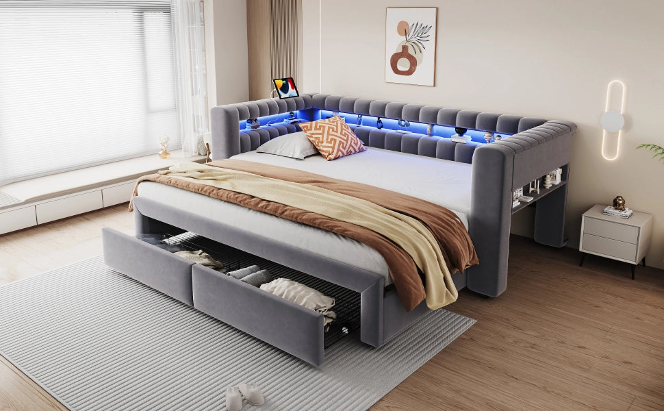 DESMIU Divano letto 90 × 190 cm 1 posto con cassetti, vani portaoggetti, LED, USB e Type-C, senza materasso, grigio