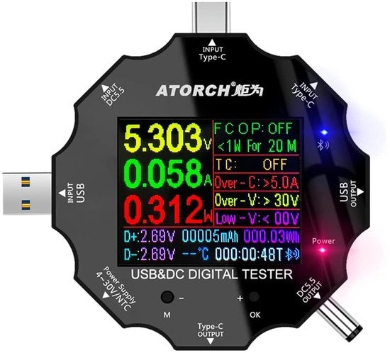 Multimetro digitale USB - Tester di tensione e corrente - Formato compattibile - Detettore di capacità - Adatto per la ricarica - Display LCD