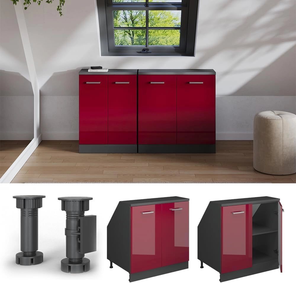 Mobile sottotetto Rion, Rosso lucido, 80 x 81.6 cm con 2 porte, carcassa 60 cm profondità, adatto per il salvaspazio sotto tetti spioventi