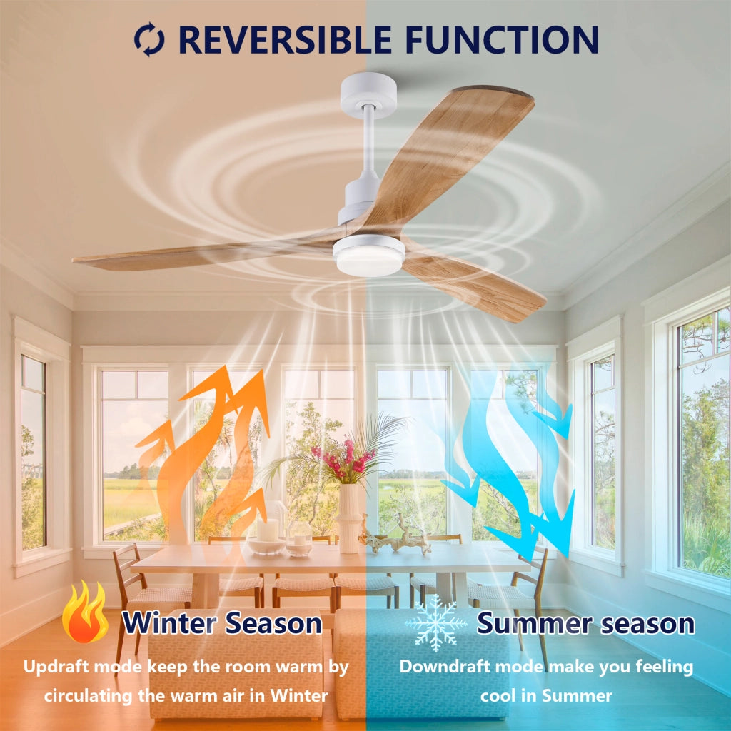 Ventilatore da soffitto 60 pollici ad elica, 3 pale legno massello, 3CCT, motore DC reversibile silenzioso, telecomando 6 velocit¨¤ con memoria