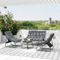 Set di Mobili da Giardino per 4 Persone con 2 Sedie, 1 Divano a Due Posti, 1 Tavolino con Piano in Vetro, Cuscini Spessi, Telaio in Acciaio, per Terrazza, Grigio