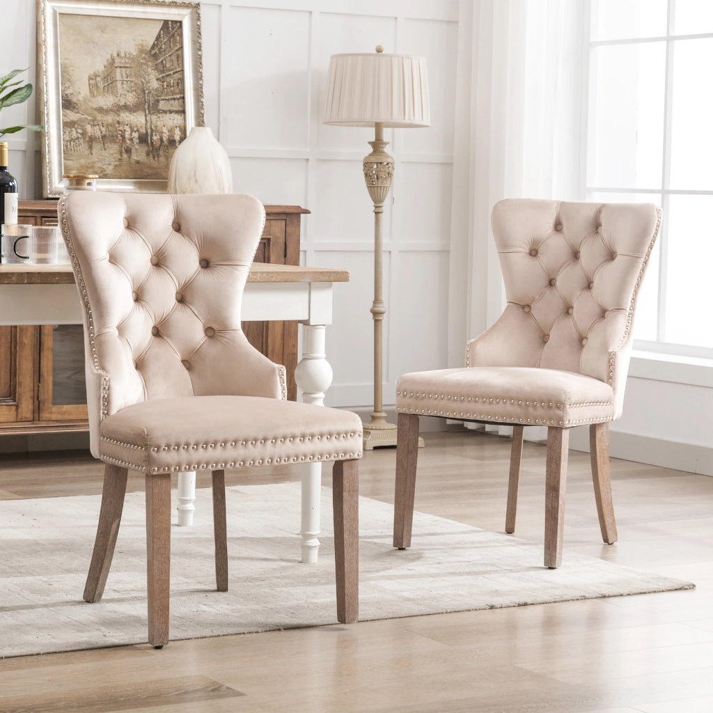 Sedia da Pranzo Imbottita in Velluto ¨C MINIMAL ¨C Beige, Gambe in Legno Massello, Set 2 Pezzi