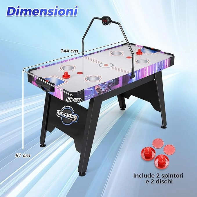 Tavolo Air Hockey, Tavolo da Gioco con Segnapunti Digitale LED 2 Spintori e 2 Dischi, 12V Potente Motore, per Casa Sala Giochi e Ufficio, 144 x 68 x 81 cm