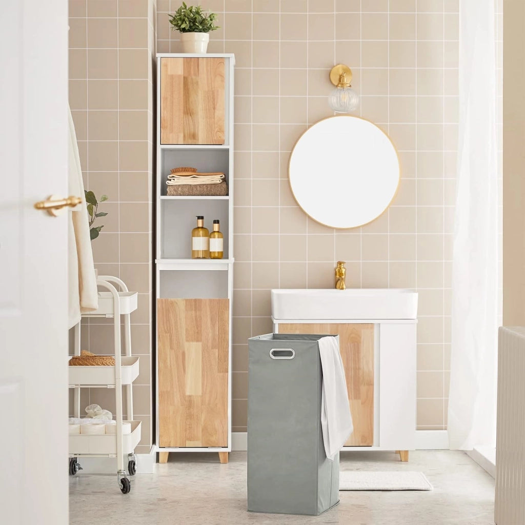 Mobile Bagno - Mobiletto Bagno Salvaspazio con Cesto Portabiancheria Pieghevole, Mobile Alto e Stretto in Legno Resistente all’Umidità, Bianco, 31x170x32 cm, BZR74-W