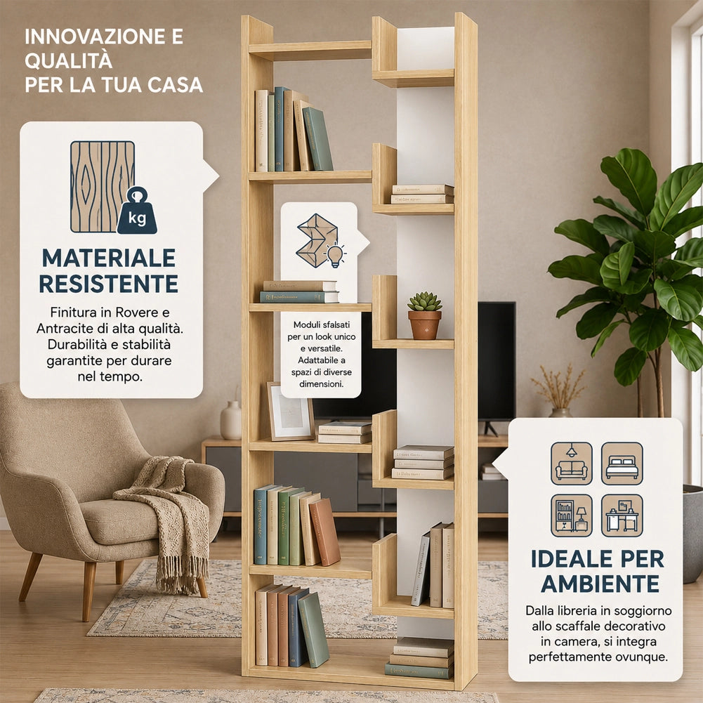 Libreria a 6 Ripiani 60,5x22x162,5 cm Scaffalatura Verticale Moderna Quercia