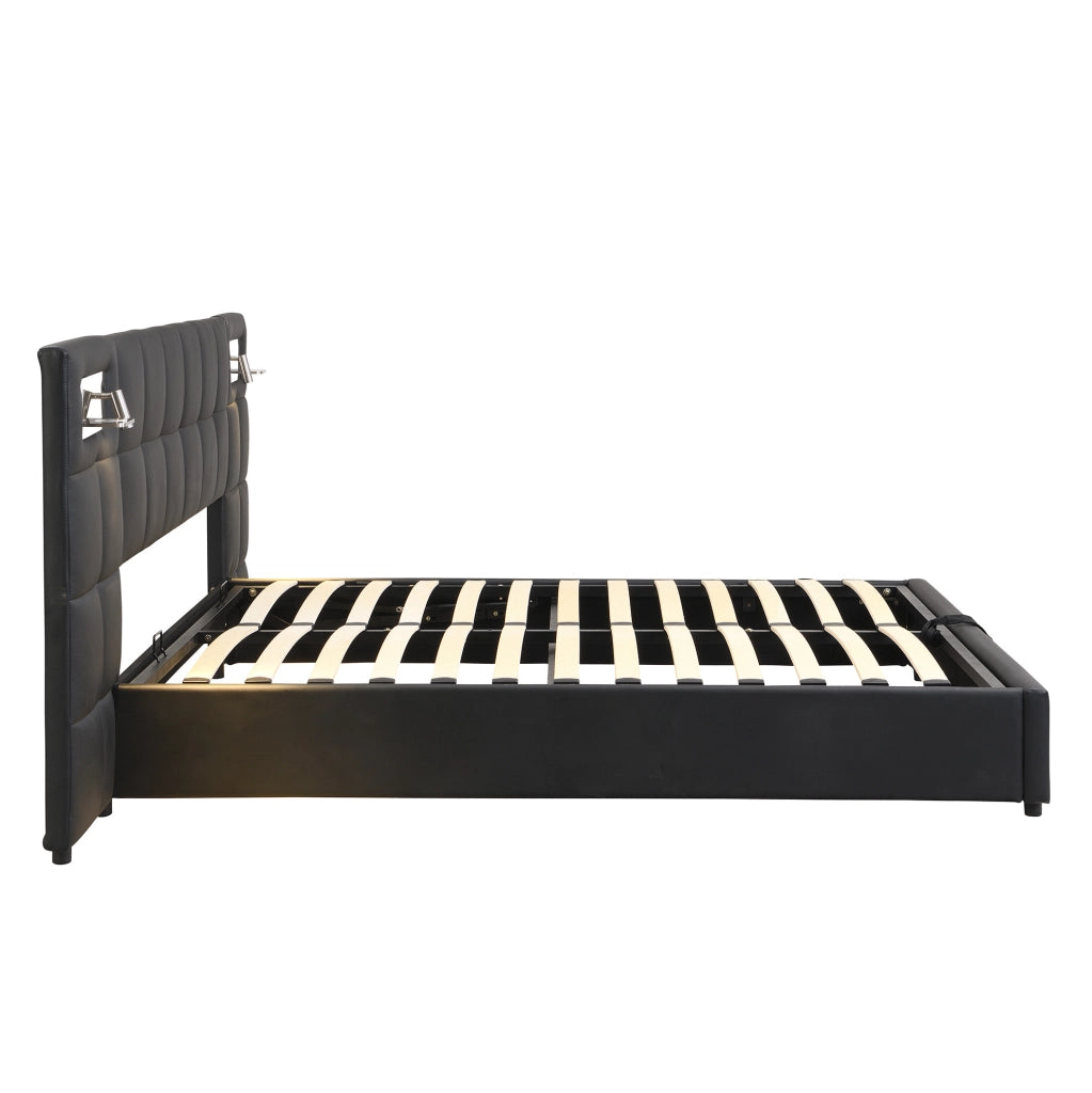 Letto matrimoniale imbottito 180x200 cm in PU nero con USB; ricarica wireless e contenitore