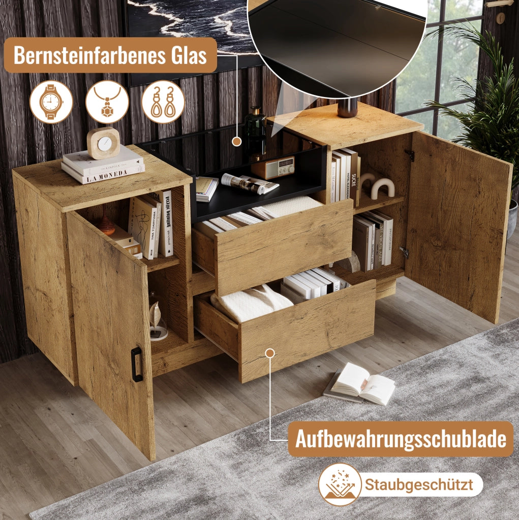 Credenza in rovere chiaro 140 cm con vetro ESG e 2 cassetti