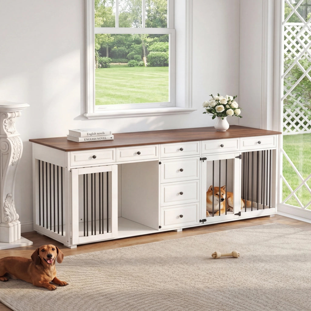 Scaffale per due cani da interno con 8 cassetti e chiusure di sicurezza in MDF e metallo bianco 200 × 60 × 85 cm