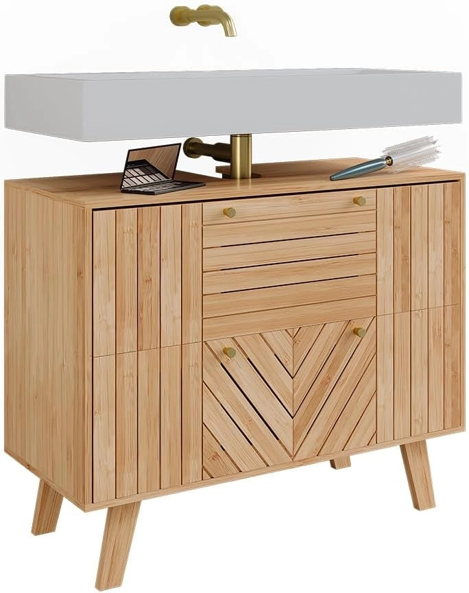 Mobile sottolavabo per bagno Lucie, Bambù, 80 x 65 cm con 2 cassetti, adatto per la conservazione salvaspazio di accessori da bagno