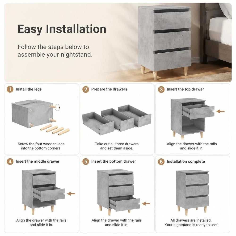 Nightstand With Solid Wood Legs, Concrete Grey, 40x35x69 Cm