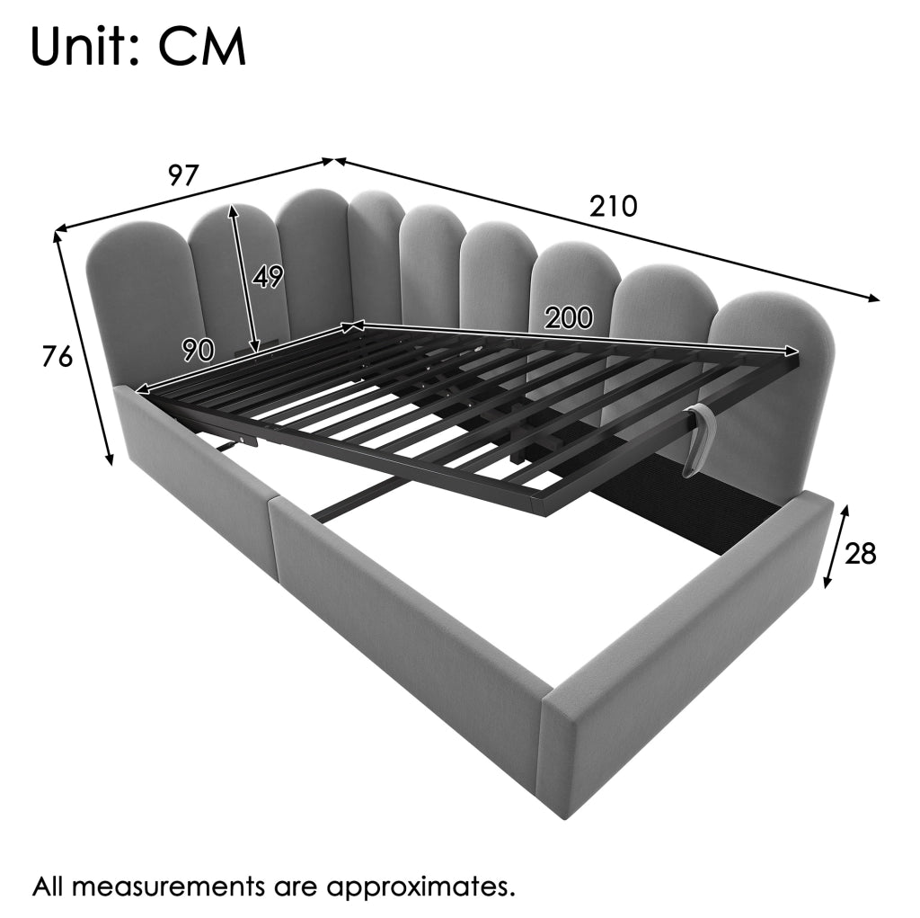 Letto daybed 90x200 cm in velluto grigio con contenitore idraulico; struttura in metallo