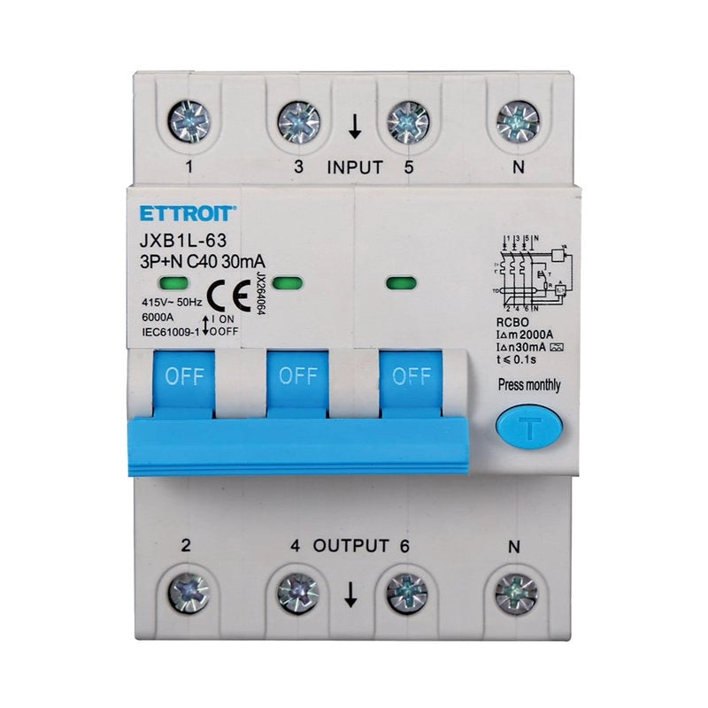 RCBO Interruttore Magnetotermico Differenziale Tipo A Curva C 3P+N 4M 6000A 30mA C40A AC 400V IP20 IEC61009-1