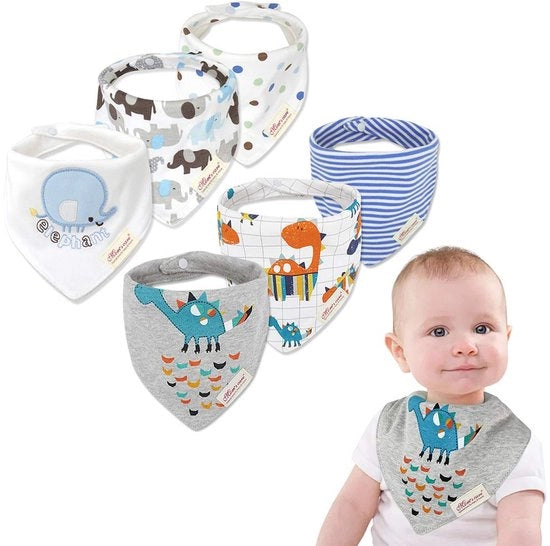 Set di 6 bavaglie per bambini con disegni carini, fazzoletti di cotone super soffici e assorbenti a forma di triangolo