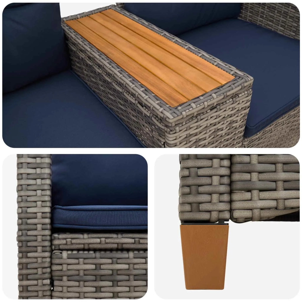 Panca da Giardino | Panchina reclinabile con tavolo Grigio e Blu Navy polyrattan