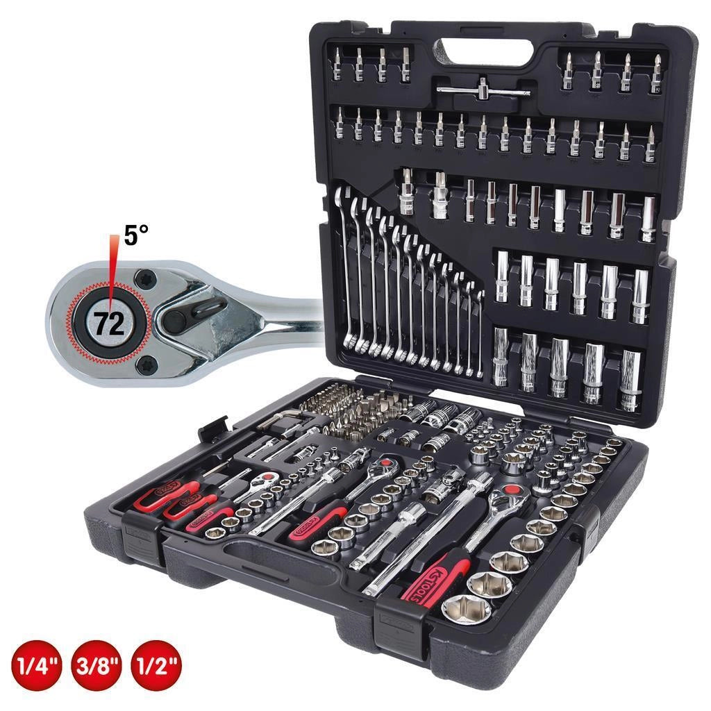 KS Tools 918.0216 CHROMEplus Set di chiavi a bussola 216 pezzi con cricco 72 denti in acciaio al cromo vanadio colore Nero