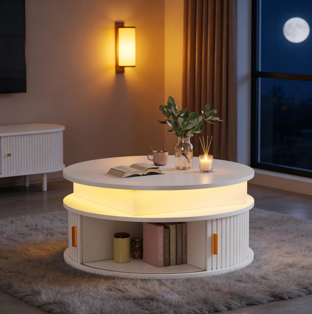 Tavolino rotondo elevabile 75 cm bianco con LED, vano contenitore e serrande