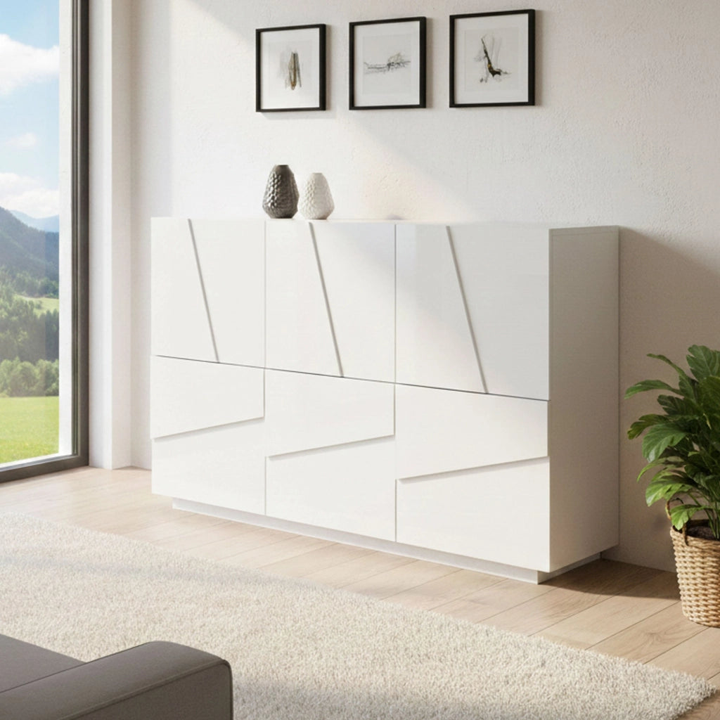 Mobile da ingresso a 3 ante e ripiani Axl, Made in Italy, Entratina moderna, Credenza per atrio, cm 121x38h86, Bianco lucido