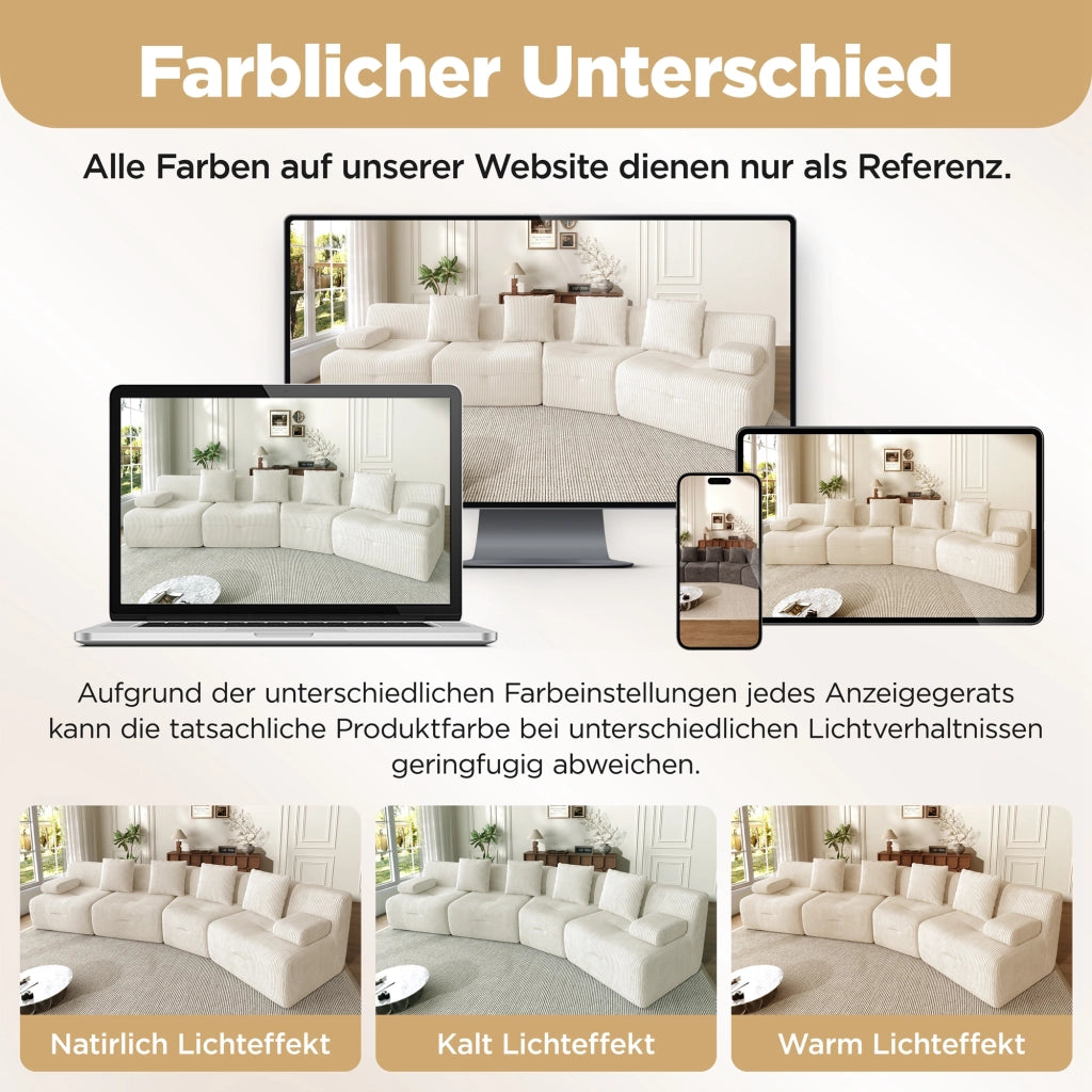 DIVANO modulare 4 posti in corduroy beige chiaro 311 x 90 x 65 cm