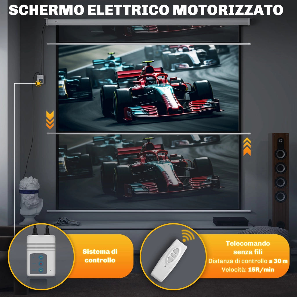 Telo Proiettore Motorizzato da 120" con Telecomando, in Plastica e Metallo, 236.5x8x236.5 cm, Bianco