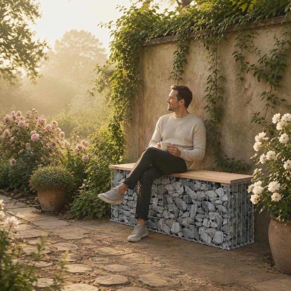 Garden Bench Made Of Gabions, 103x31.5x42 Cm, Solid Pine Wood