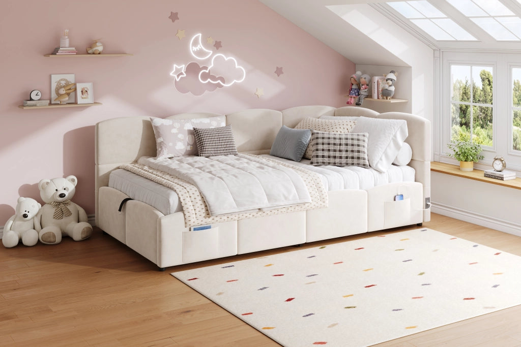 DESMIU Letto Divanetto 1 Posto con Contenitore, USB-A, USB-C e Tasca 90 × 200 cm, Senza Materasso, Velluto Beige