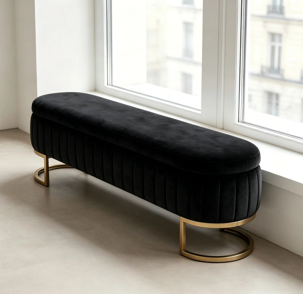 Panca contenitore in velluto nero 130 cm con piedi dorati