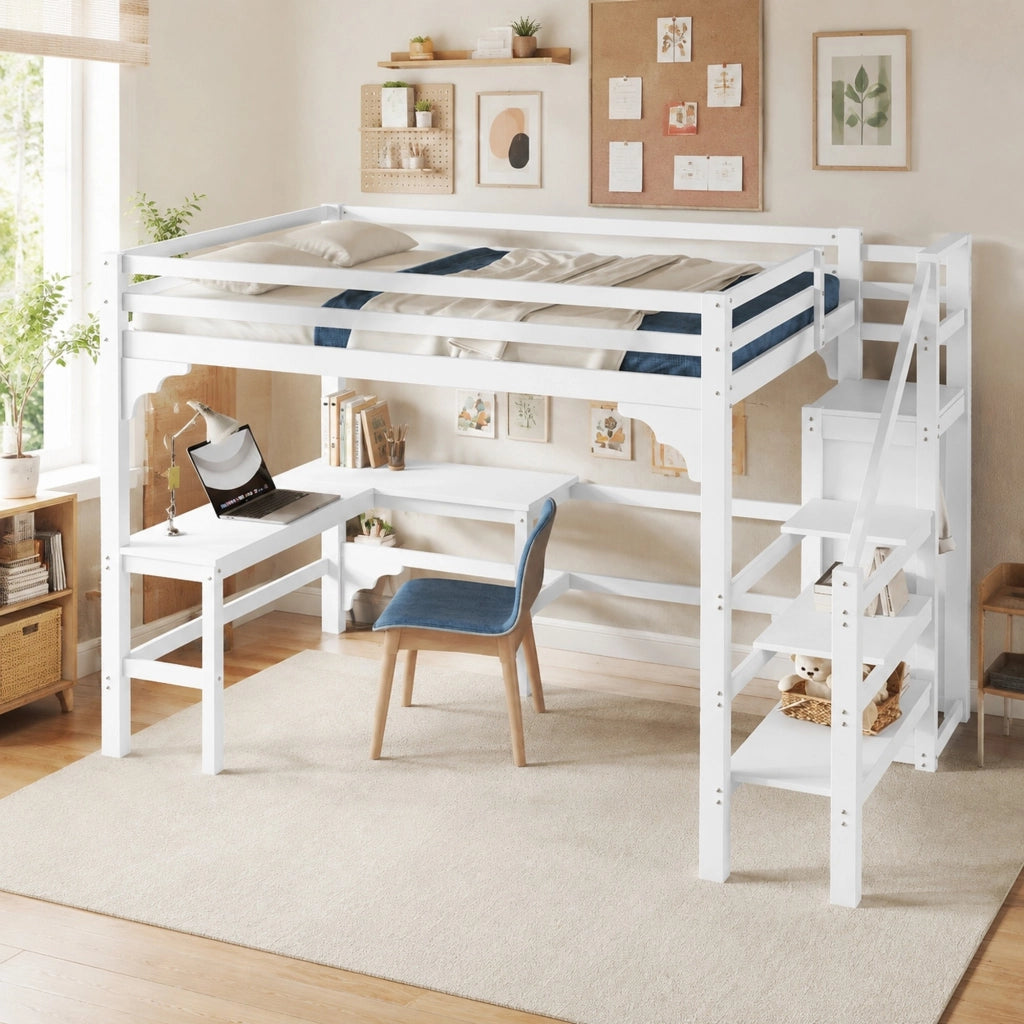 LETTO a soppalco 140x200 cm con scrivania a L e armadio aperto bianco