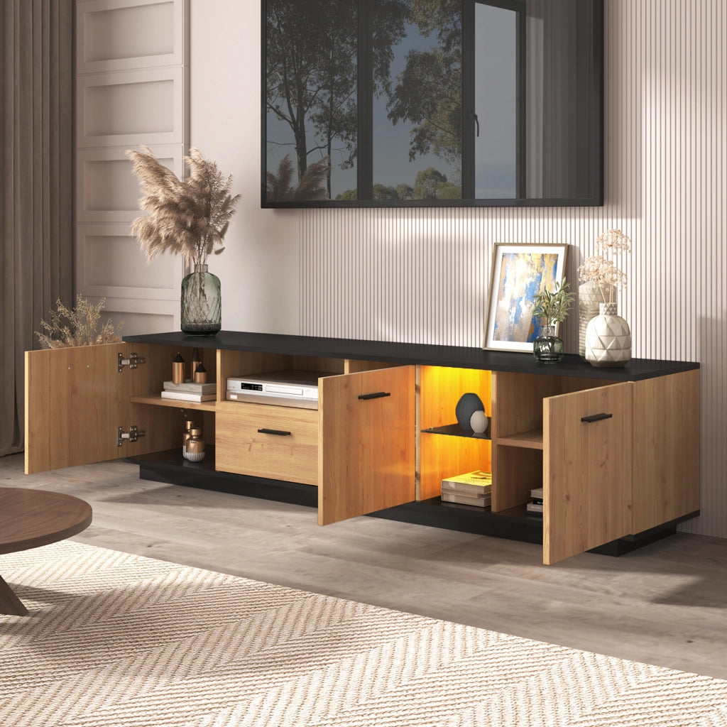 Mobile TV con 3 Ante; 1 Cassetto; 2 Vani a Giorno e LED 16 Colori; MDF; Nero e Effetto Legno; 180??37??45 cm