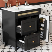 Mobile sottolavabo da bagno con lavabo in ceramica, 2 cassetti e ante, gambe in legno, nero 76 × 46 × 86,5 cm