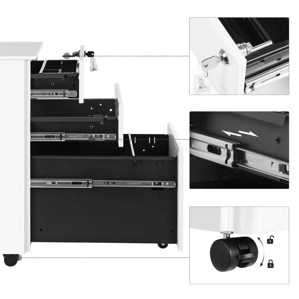 Cassettiera per ufficio su ruote con 3 cassetti e schedario sospeso 30 x 45 x 60 cm armadio per ufficio con serratura per archivi e documenti corpo dell'armadio preassemblato bianco 12_0004807
