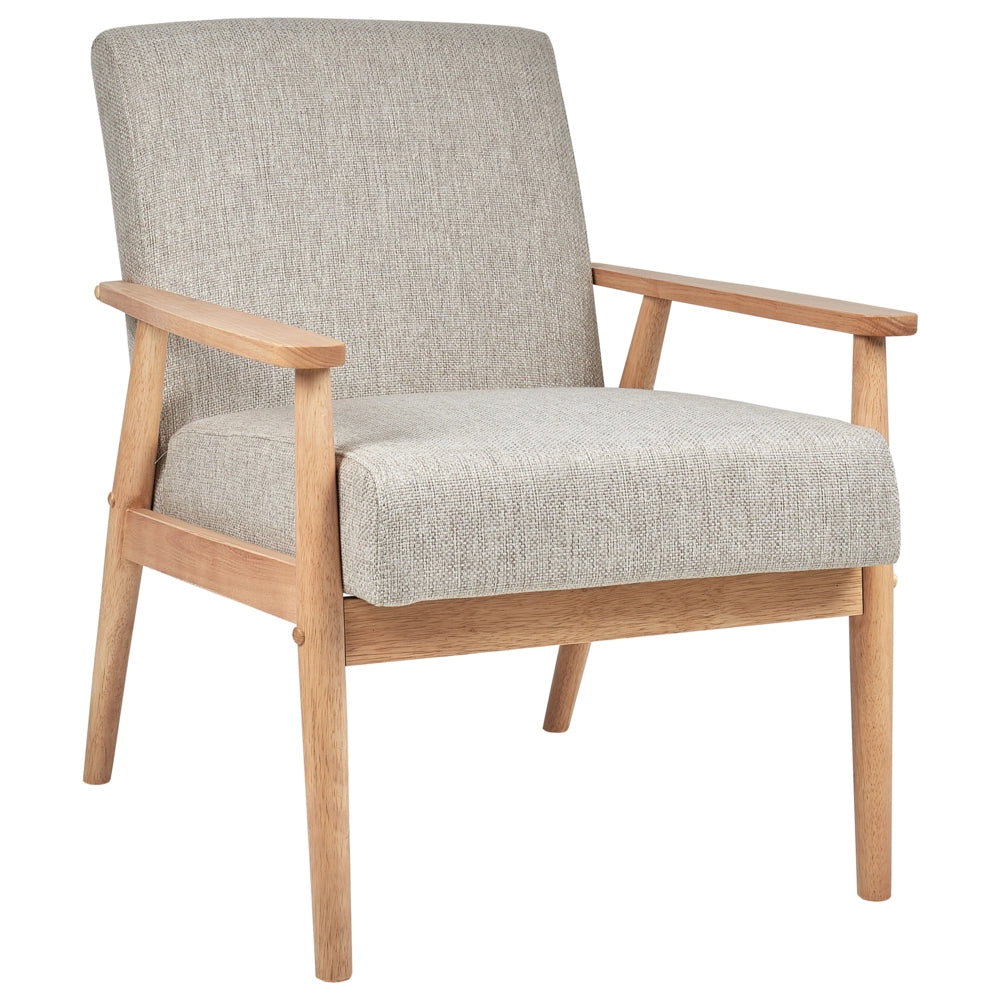 Poltrona da salotto con rivestimento in tessuto grigio con struttura in legno stile retrò