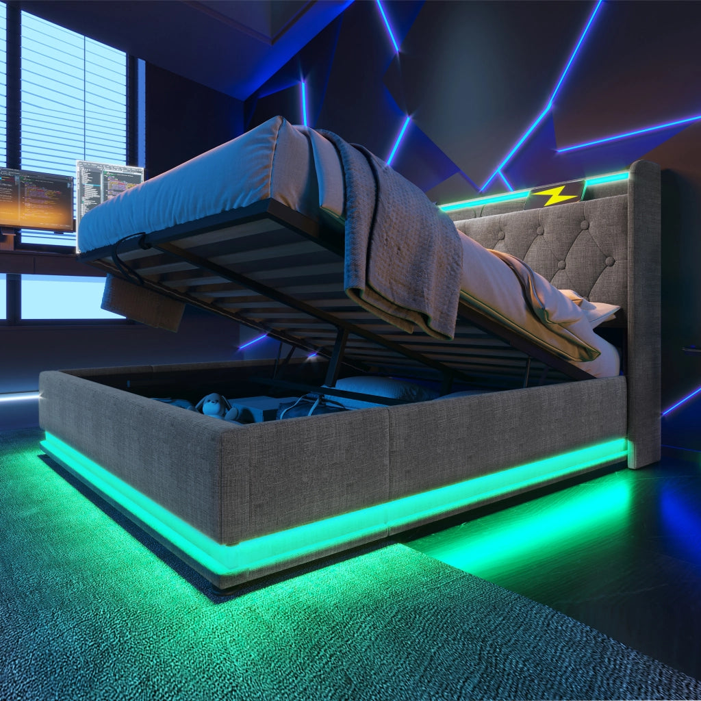 Letto imbottito idraulico con illuminazione a LED e porta USB 140x190 cm colore grigio lino