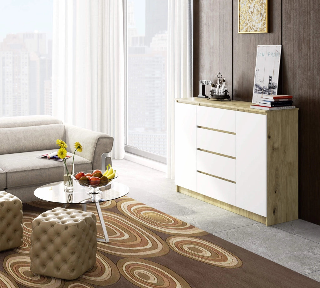Cassettiera AKORD K140 Quercia Artisan 138 cm 2 ante 4 cassetti inserto frontale Bianco 138x40x99 cm