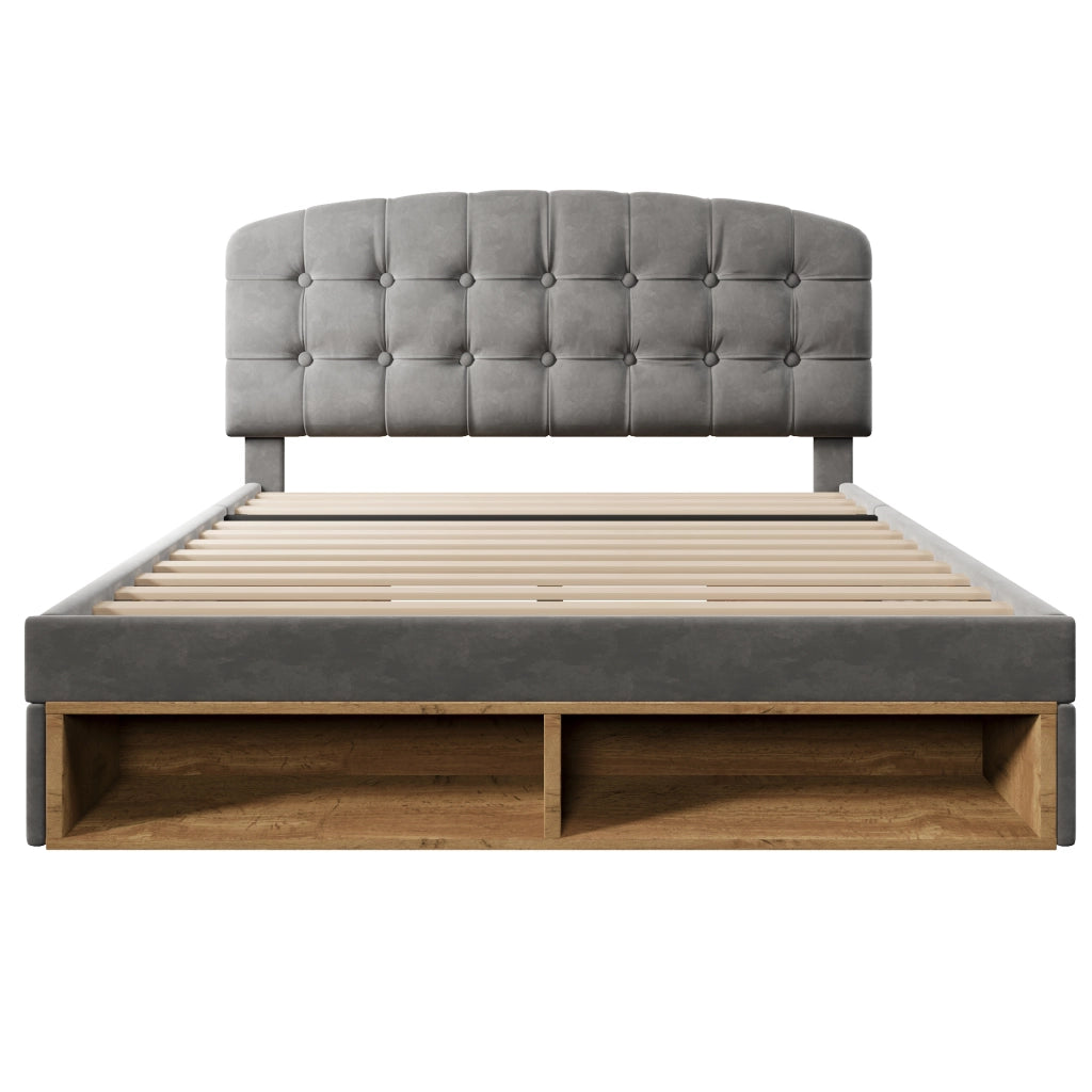 Letto Matrimoniale Contenitore Imbottito ¨C MINIMAL ¨C Velluto Grigio 140x200 con Cassetti e Testiera