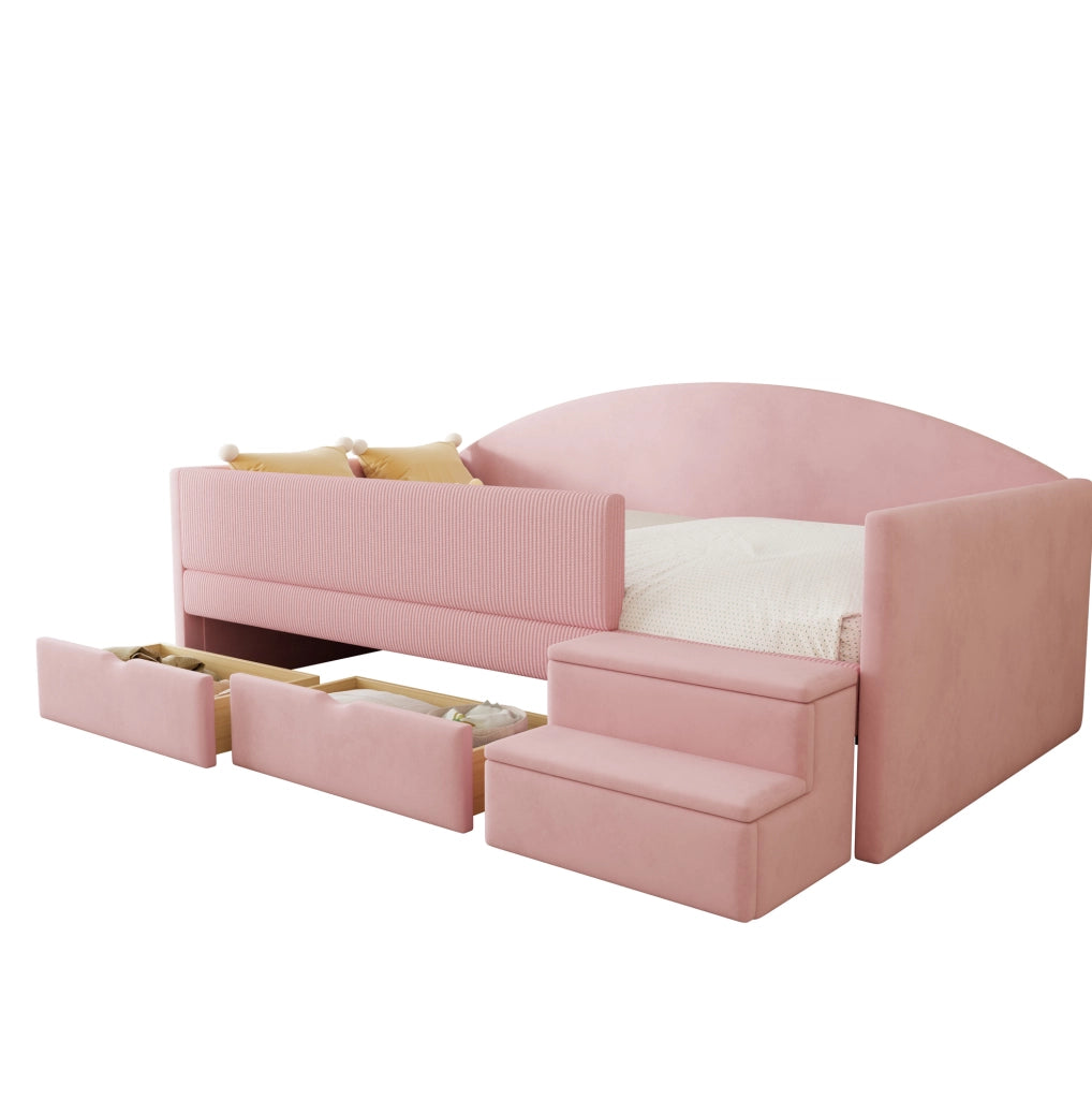 Letto imbottito 90x190 cm con 2 cassetti, sponde di protezione e scaletta rosa