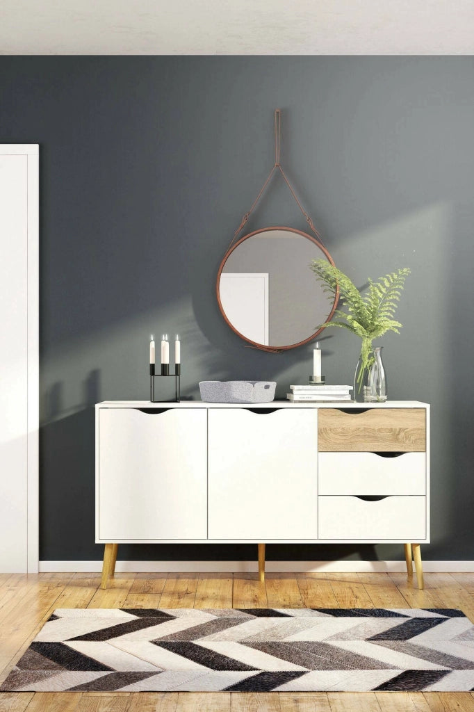 Credenza a due ante e tre Animato, colore bianco e rovere, Misure 147 x 81 x 39 cm