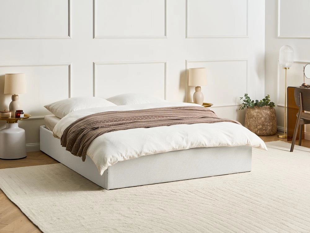 Letto matrimoniale con contenitore in tessuto beige chiaro 160 x 200 cm portaoggetti stile moderno
