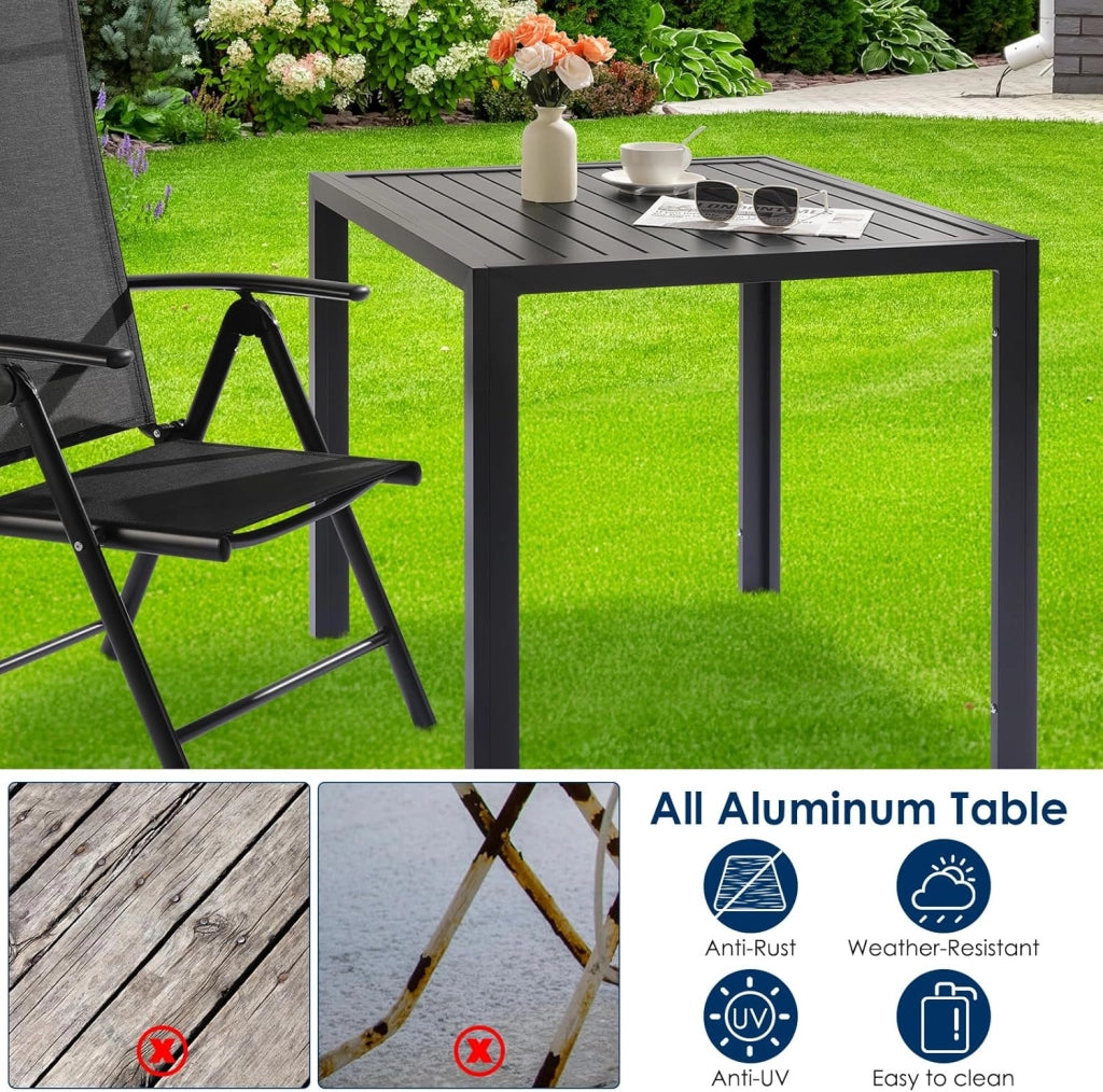 Set Giardino Esterno Aluminium 5 Pezzi, Tavolo da giardino tutto in Alluminio con 4 Sedie Pieghevoli Alto Regolabili, Resistente Alle Intemperie, Nero