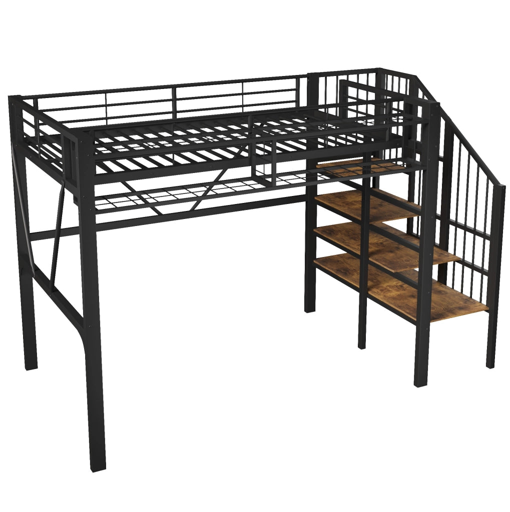 Letto a soppalco 251.5x113x170 cm con scaffale a gradini; elementi a griglia e luce LED; MDF e metallo; nero