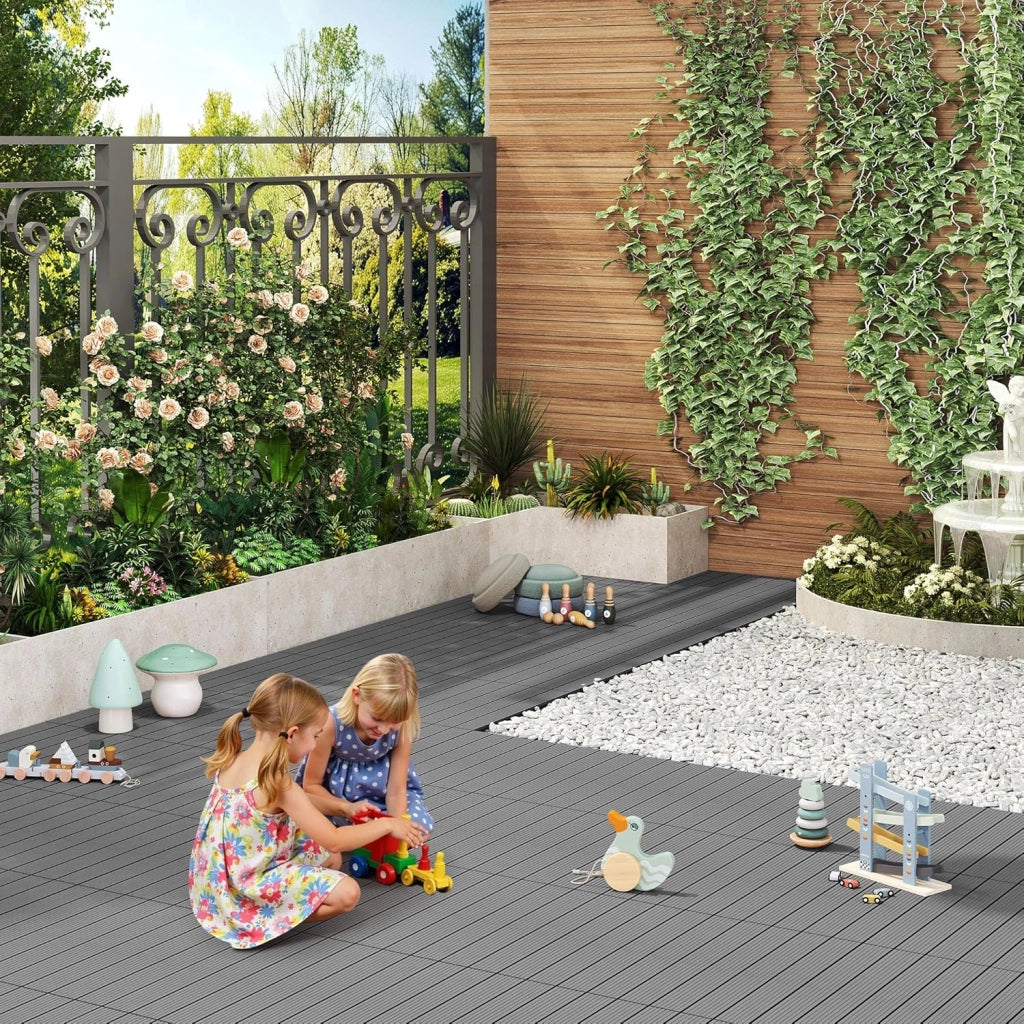 Piastrelle per Pavimenti da Esterno Mattonelle Pavimentazione ad Incastro Click-Deck in Legno Composito, con 12 Pannelli da 30x60 cm Grigio Chiaro
