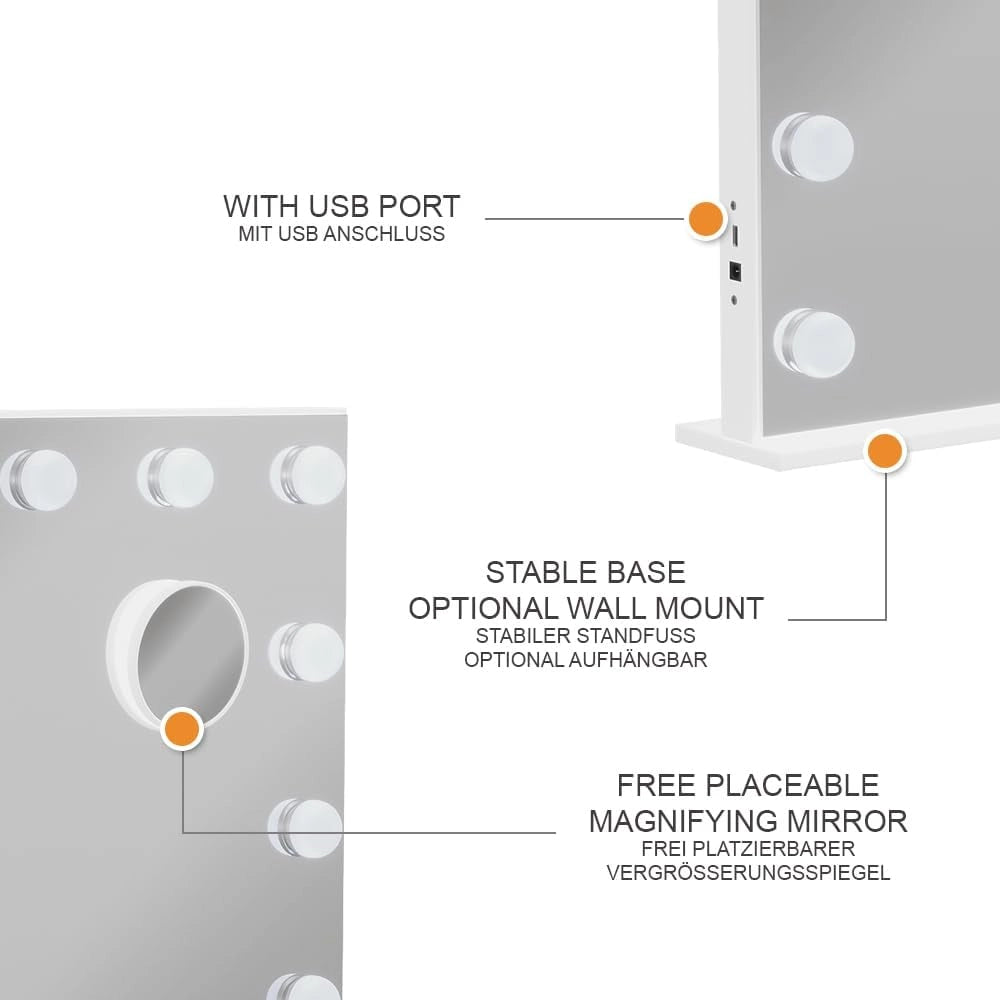 Specchio da toilette Greta, Bianco, 80 x 61 cm con illuminazione a LED, con specchio cosmetico integrato 10x e porta USB
