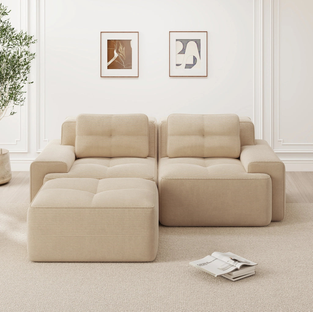 Divano modulare boneless in corduroy beige con seduta profonda 74 cm e base antiscivolo