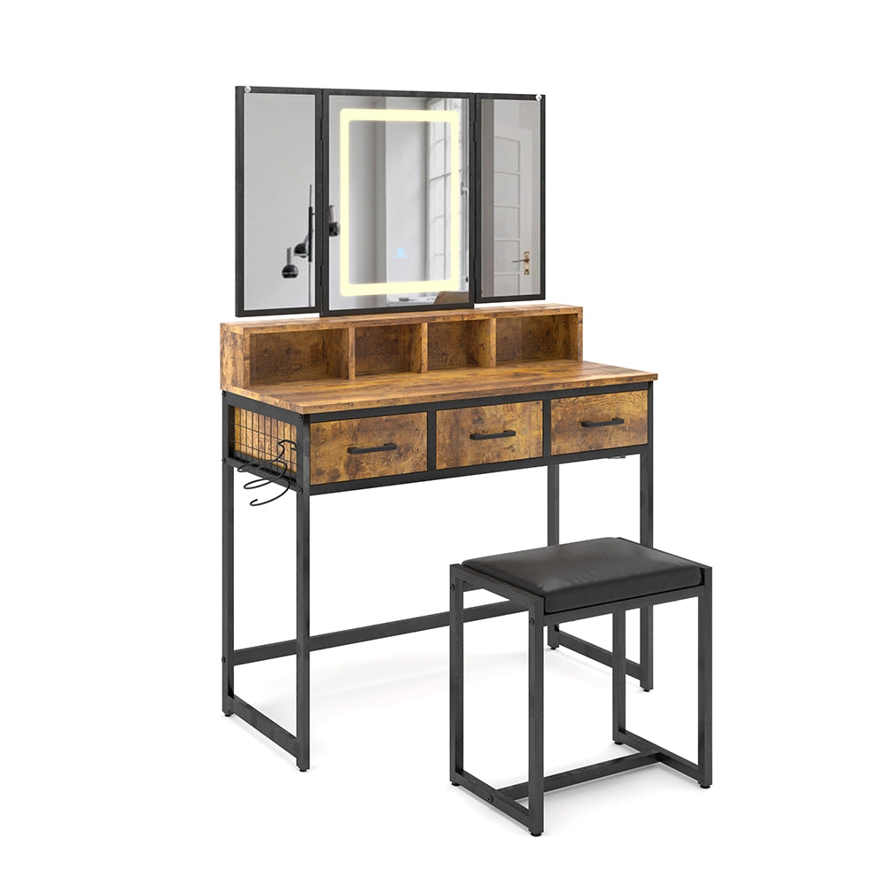 Vicco Tavolo da toilette Rovere rustico 90 cm con sgabello e specchio LED