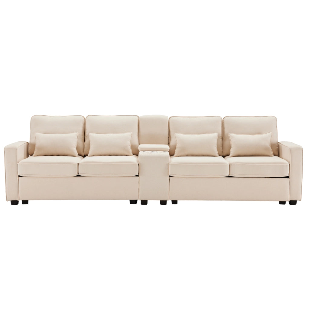 Divano 4 posti beige con USB, portabicchieri e vano contenitore