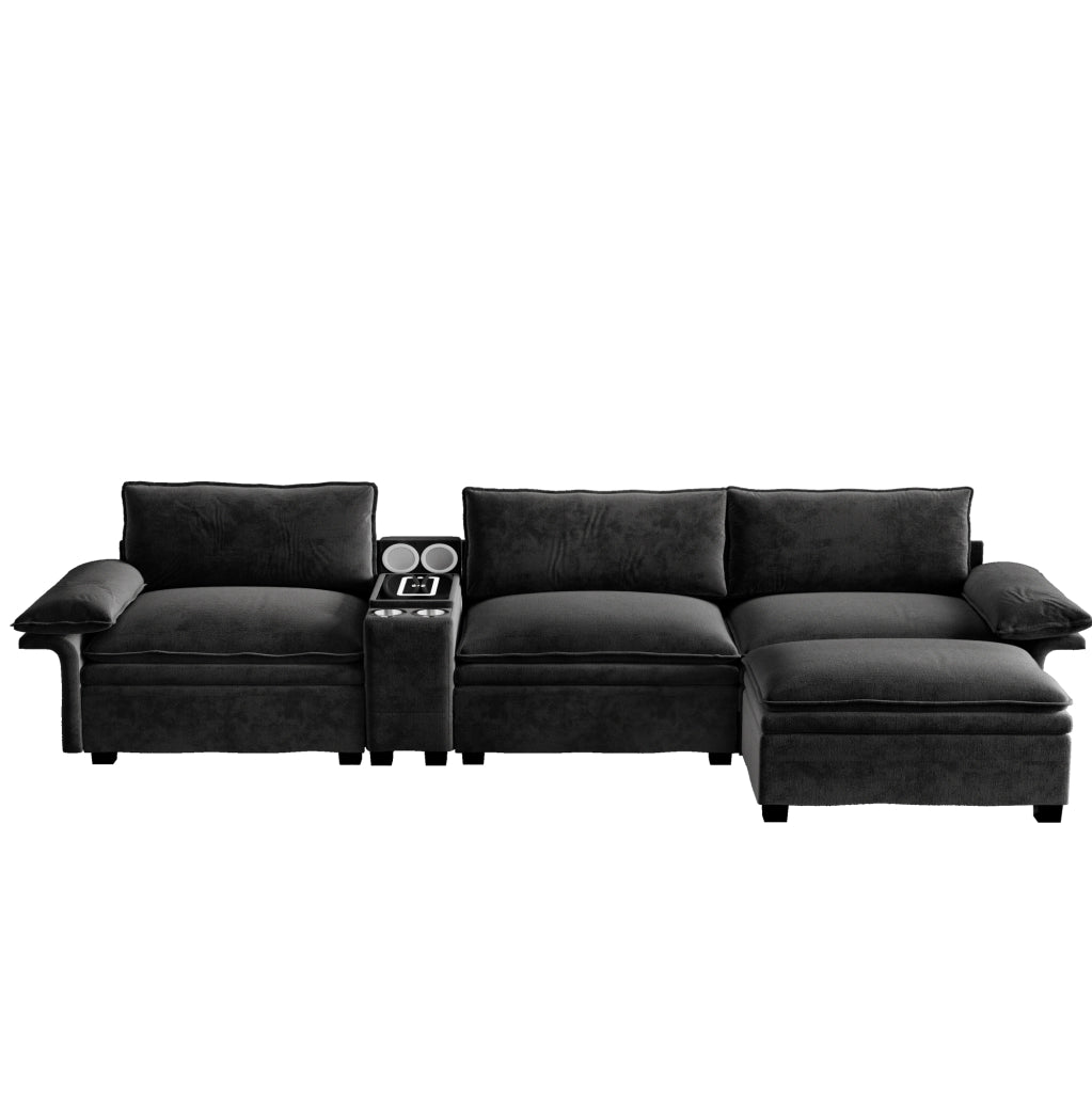 Divano modulare ULEVR 315 cm a L in ciniglia nera con pouf, ricarica wireless, altoparlanti Bluetooth e luce