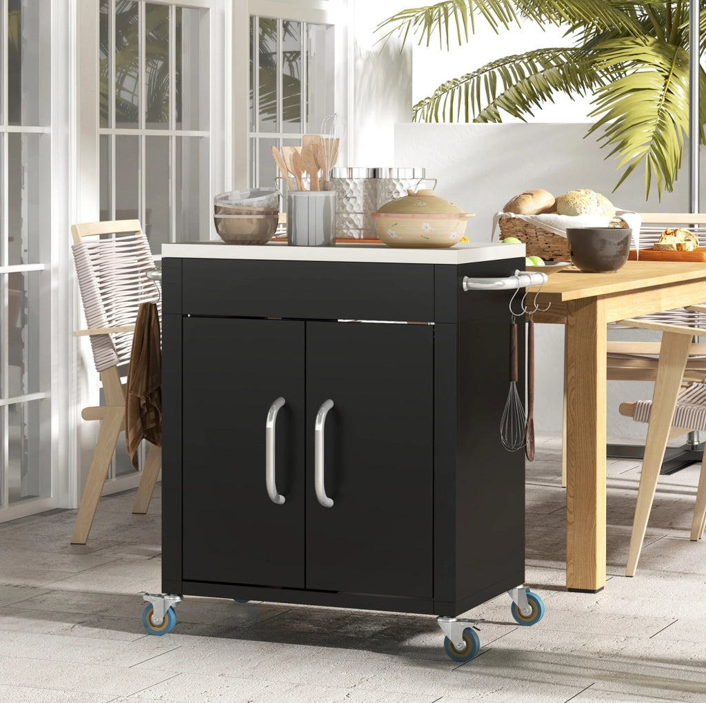 Carrello da cucina nero con piano in acciaio inox